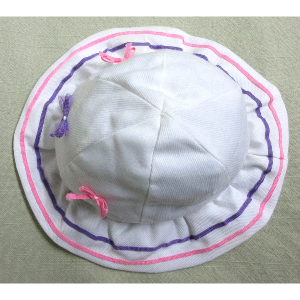 Vintage Beach Baby Bucket Retro Sun Hat- White w/ Pink & Purple Ribbons & Bows